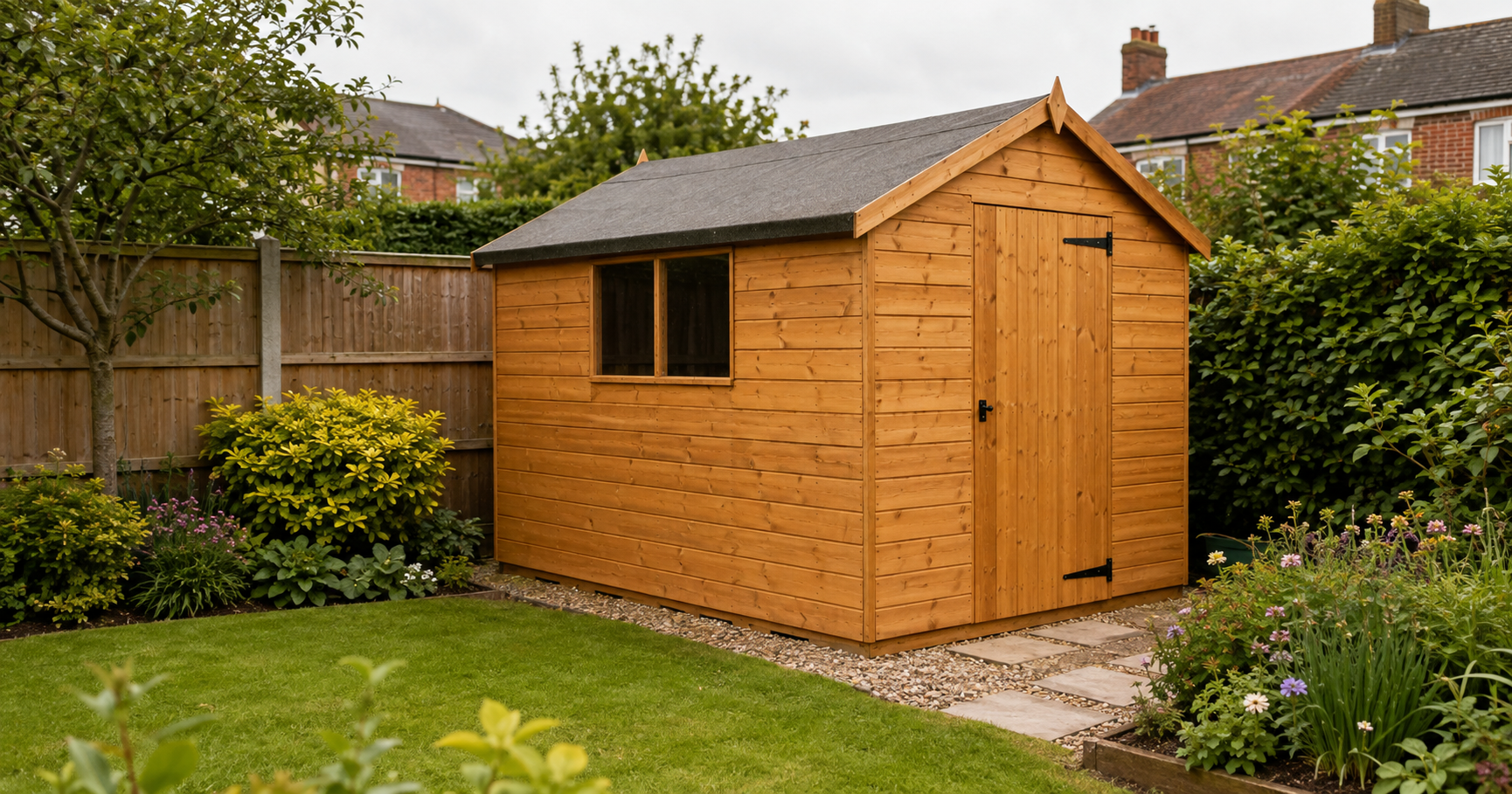 Completed wooden garden shed in a modest British back garden